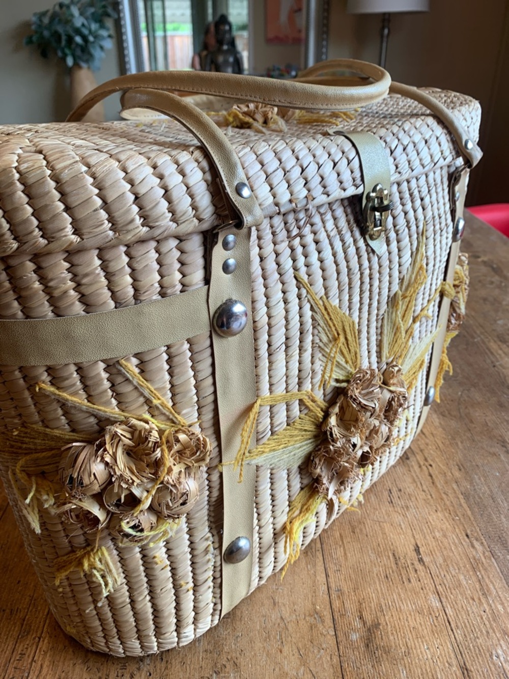Vintage Woven Straw Tote with Yellow Floral Embroidery - Picture 8 of 16